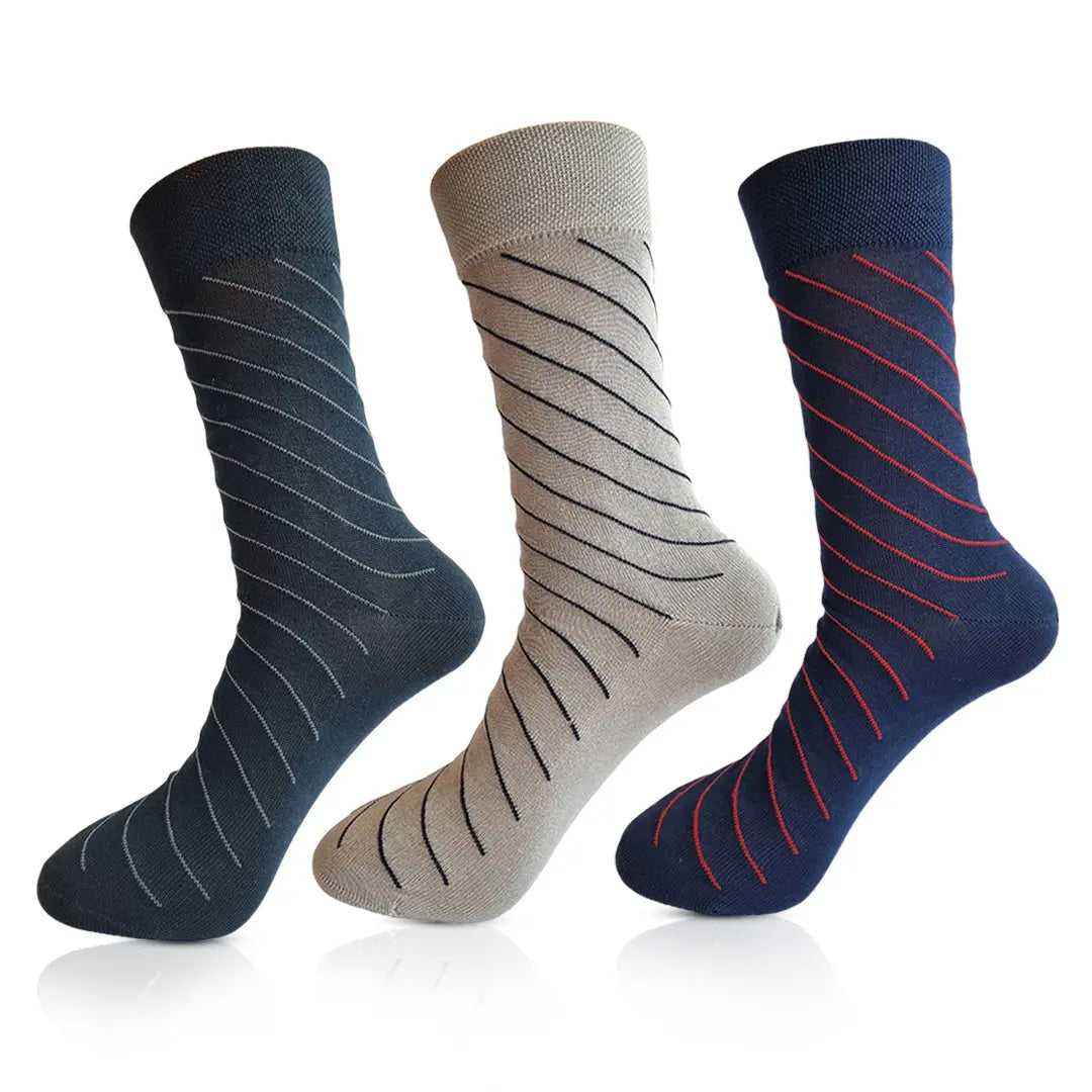 Elegant Diagonal Stripe 3 Pair Mercerised Cotton Socks ( Black, Grey, Blue ) - Town Business