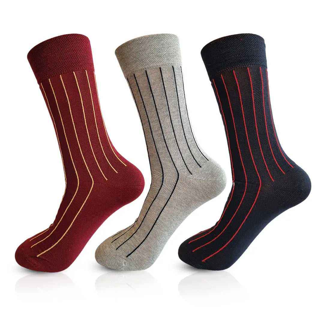 Elegant Stripe 3 Pair Mercerised Cotton Socks (Black, Red, Grey) - Town Business