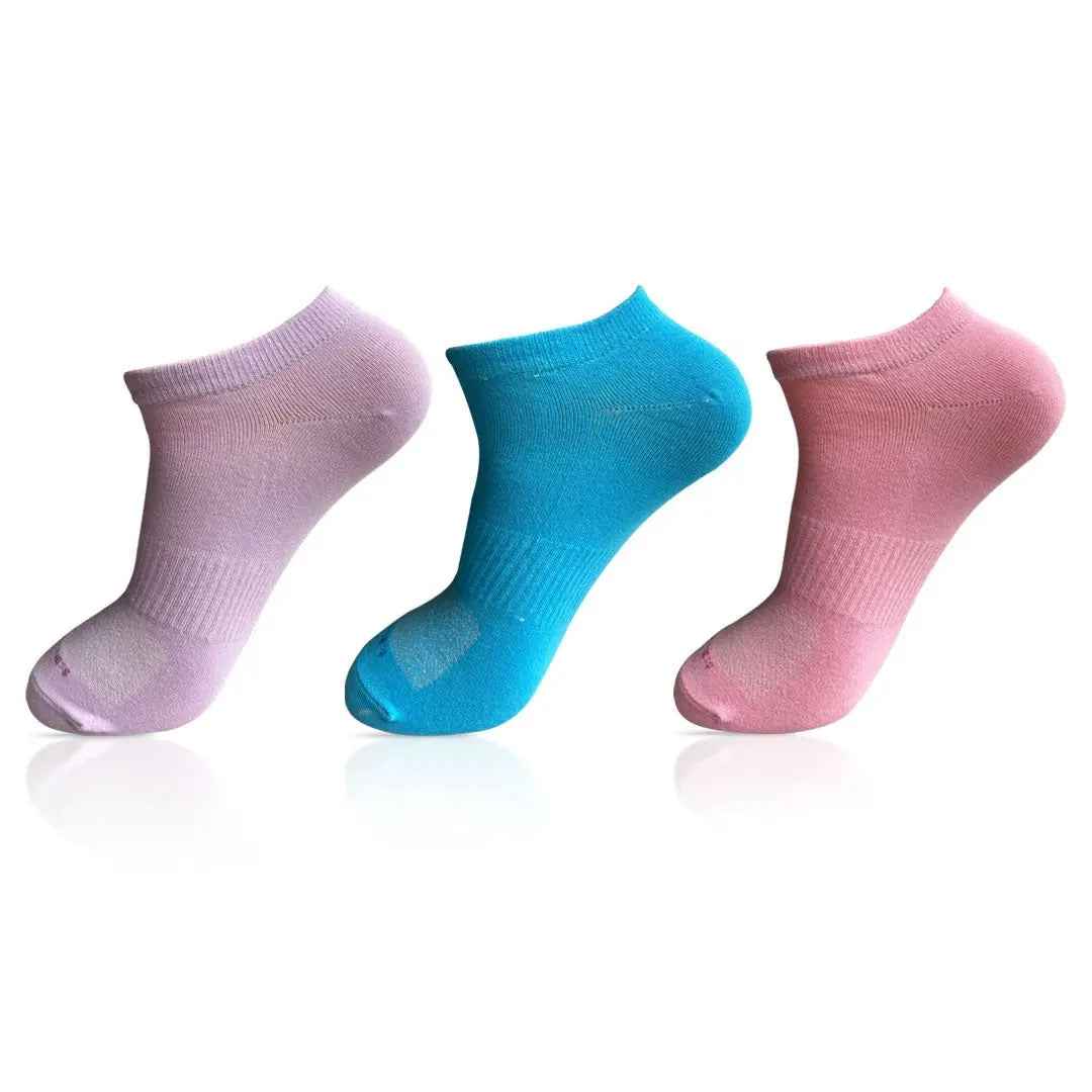 Ladies Compact Cotton 3 Pair Sneaker Socks (Light Pink, Lilac, Dark Aqua) - Town Business